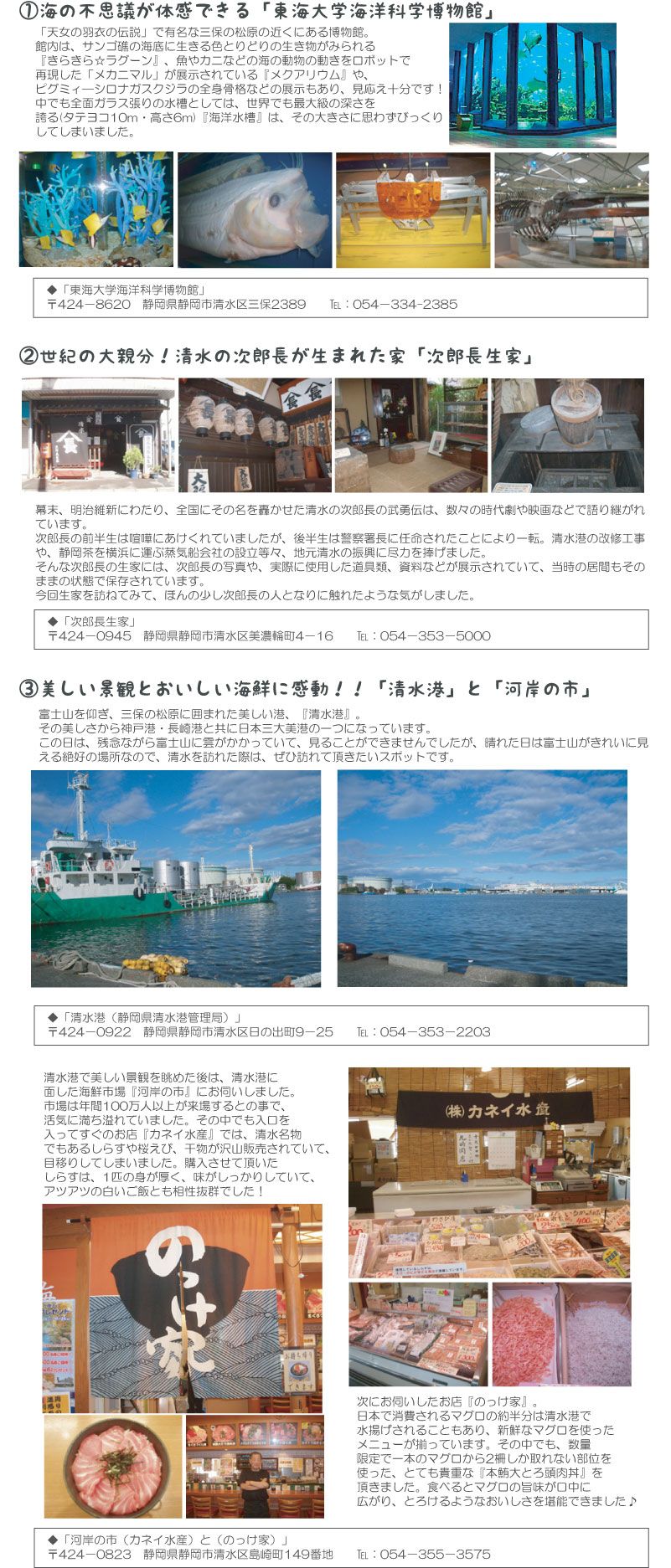 東海大学海洋科学博物館、次郎長生家、清水港、河岸の市